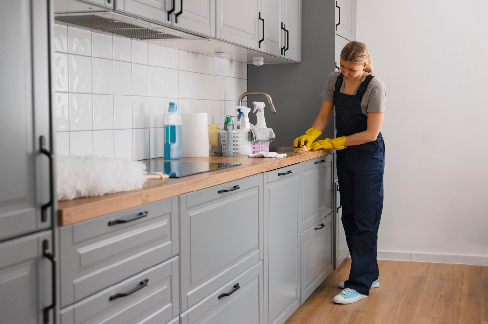 a girl is cleaning kitchen sink
